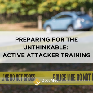 The background is a police crime scene. The text overlay reads "Preparing for the unthinkable: Active Attacker Training.